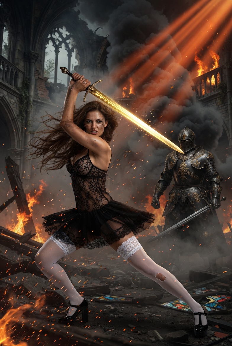 Fierce Lingerie Warrior in Burning Ruins