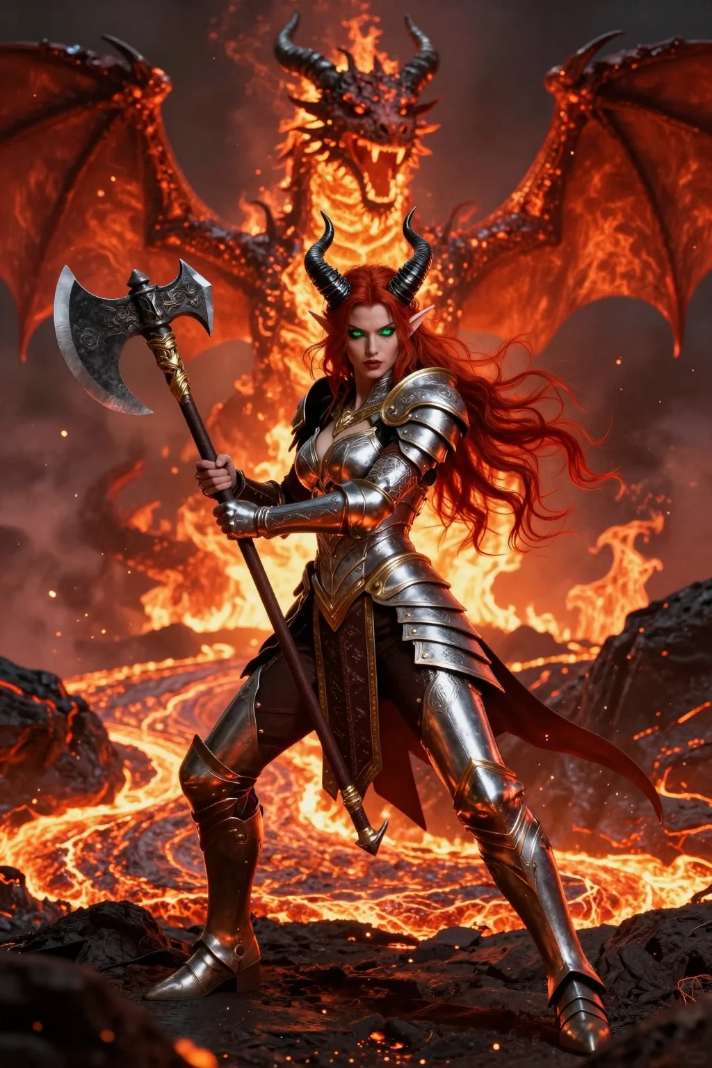 Horned Redhead Elf Warrior in Lava Realm