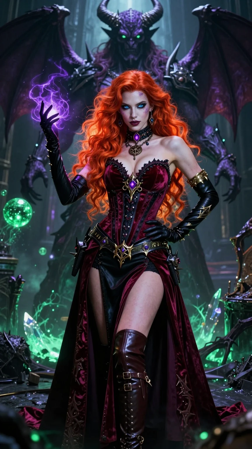 Crimson Sorceress Before Demonic Warlord Throne