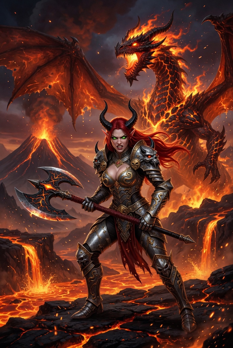 Horned Redhead Elf Warrior in Lava Realm