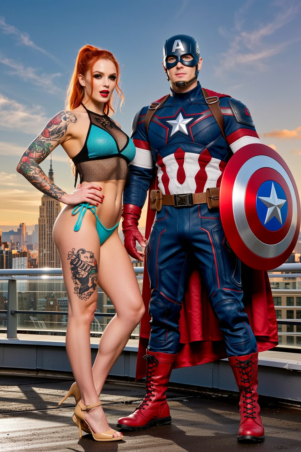 Redhead and Captain America Rooftop Duo